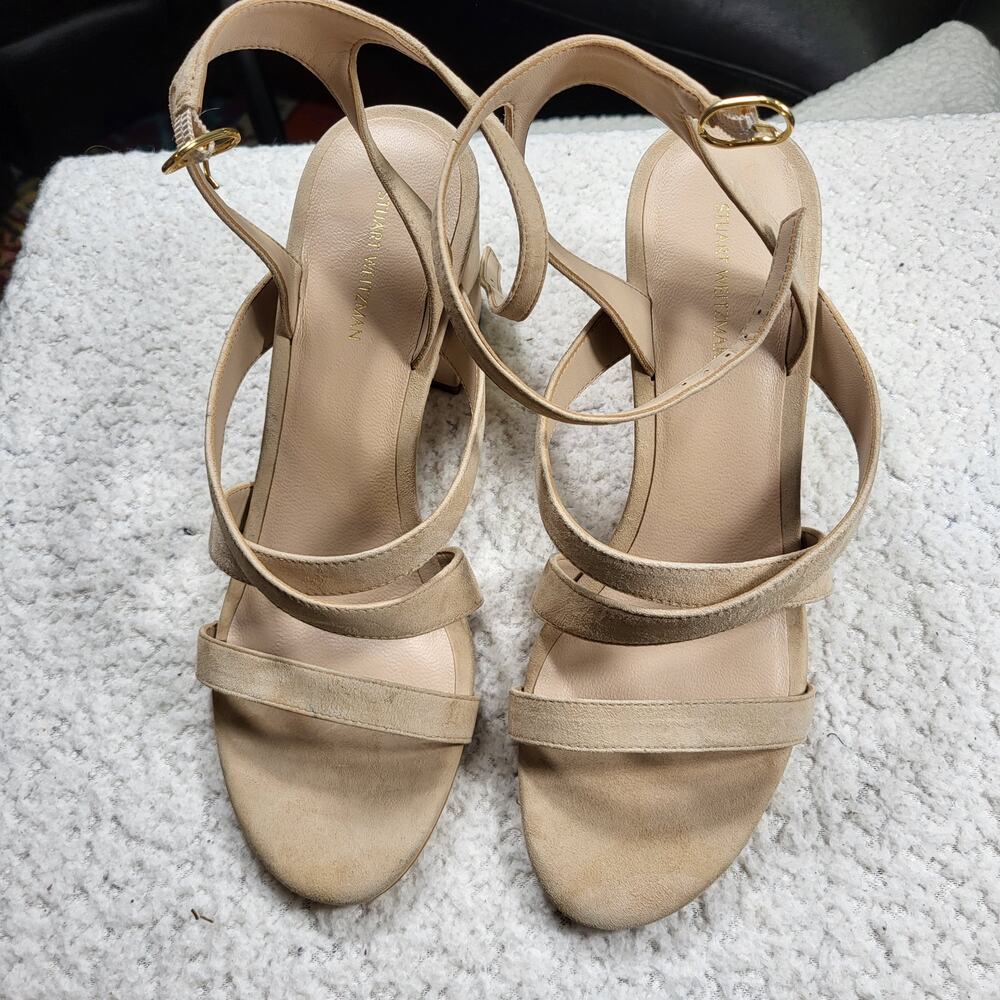 Stuart Weitzman suede block-heel ankle strap sandal in a neutral beige sz 9.5